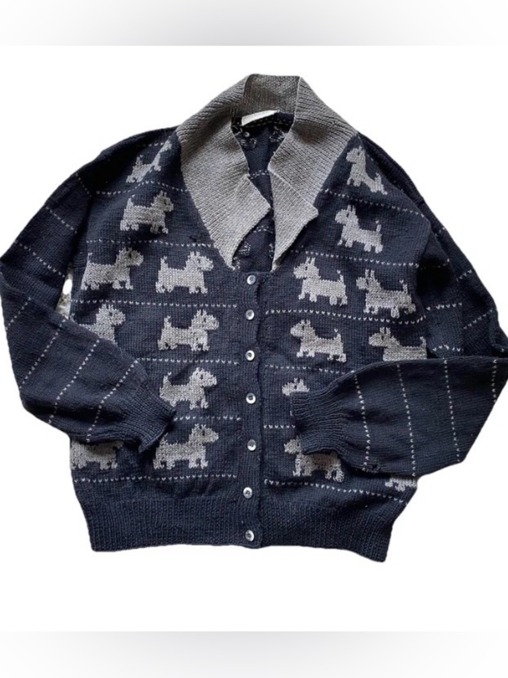 Vintage Stewart Ross Sweater Cardigan Wool Dog Dogs Black Grey Novelty Large